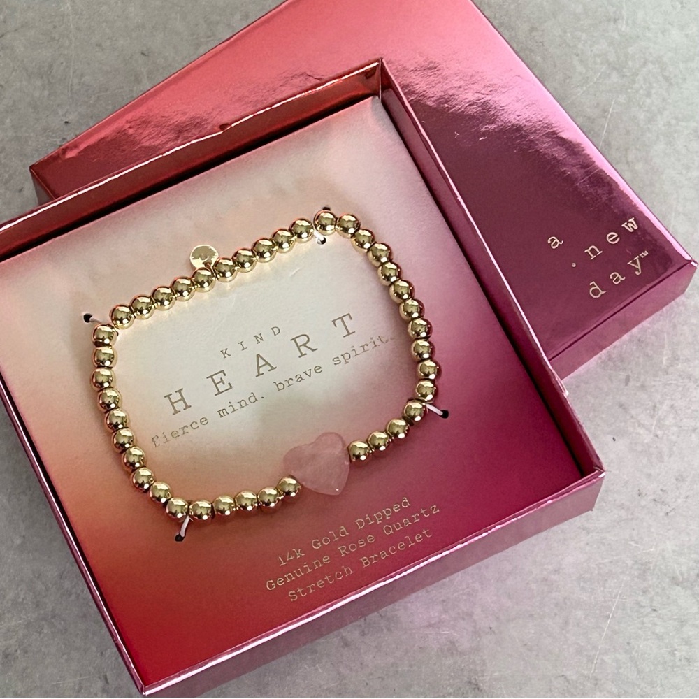 A New Day 14K Gold Dipped Rose Quartz Kind Heart Beaded Stretch Bracelet NIB